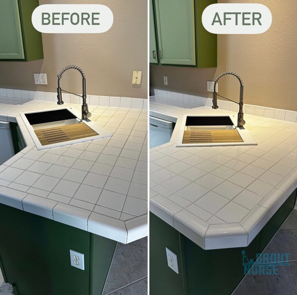 White Counter Tile Grout Cleaned to Perfection by Stone Captain in Scottsdale, Az.